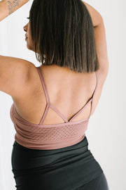 Back of seamless maternity and nursing bralette in color latte