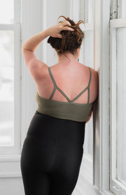 Back of seamless maternity and nursing bralette in color olive