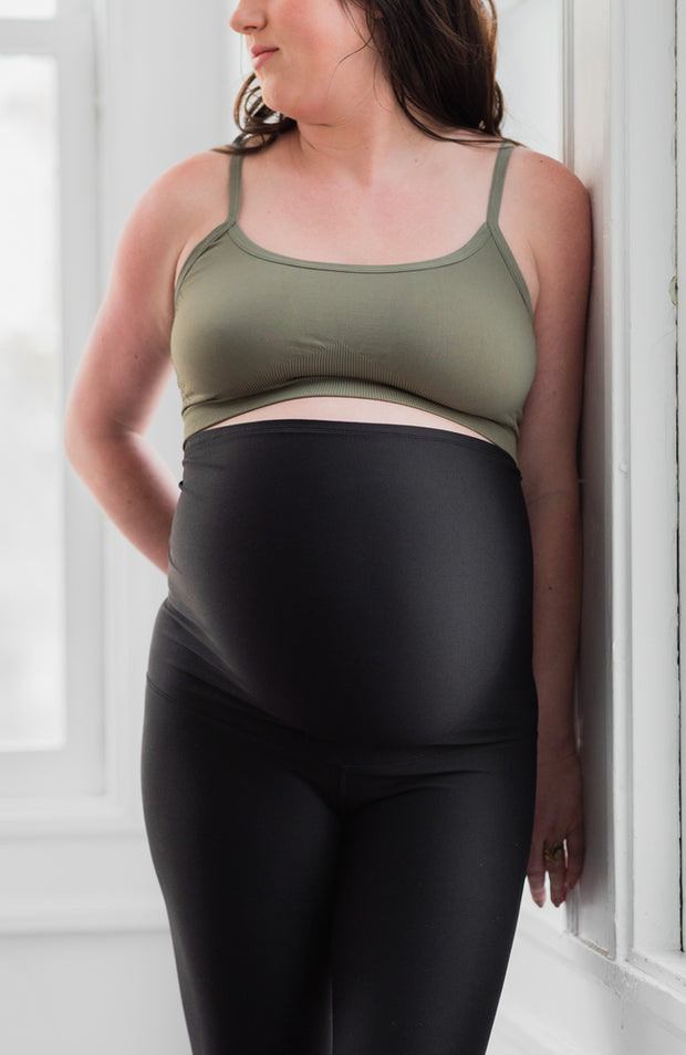 Front of seamless maternity and nursing bralette in color olive